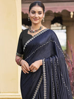 Thumbnail for Jyoti Fashion Women's Mid Night Blue Shimmer Chiffon Embellished Border with Crystal Lines Saree with Blouse - Distacart