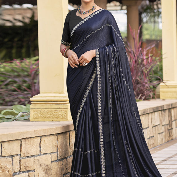 Jyoti Fashion Women's Mid Night Blue Shimmer Chiffon Embellished Border with Crystal Lines Saree with Blouse - Distacart