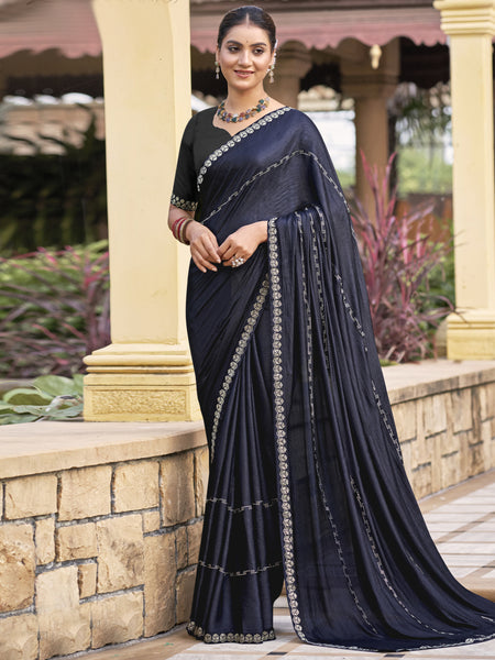 Jyoti Fashion Women's Mid Night Blue Shimmer Chiffon Embellished Border with Crystal Lines Saree with Blouse - Distacart