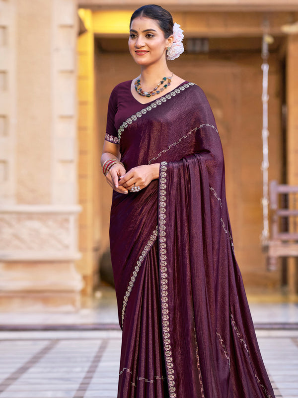 Jyoti Fashion Women's Wine Shimmer Chiffon Embellished Border with Crystal Lines Saree with Blouse - Distacart