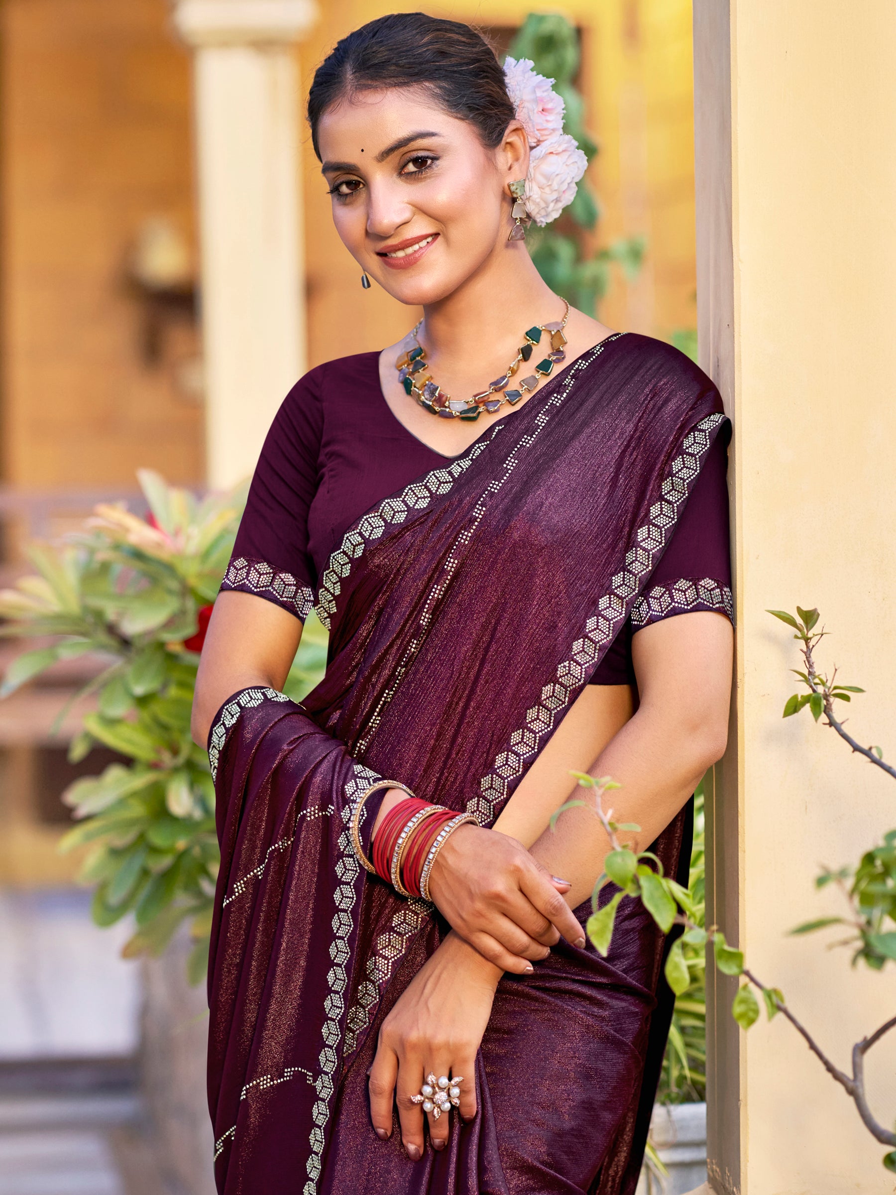 Jyoti Fashion Women's Wine Shimmer Chiffon Embellished Border with Crystal Lines Saree with Blouse - Distacart