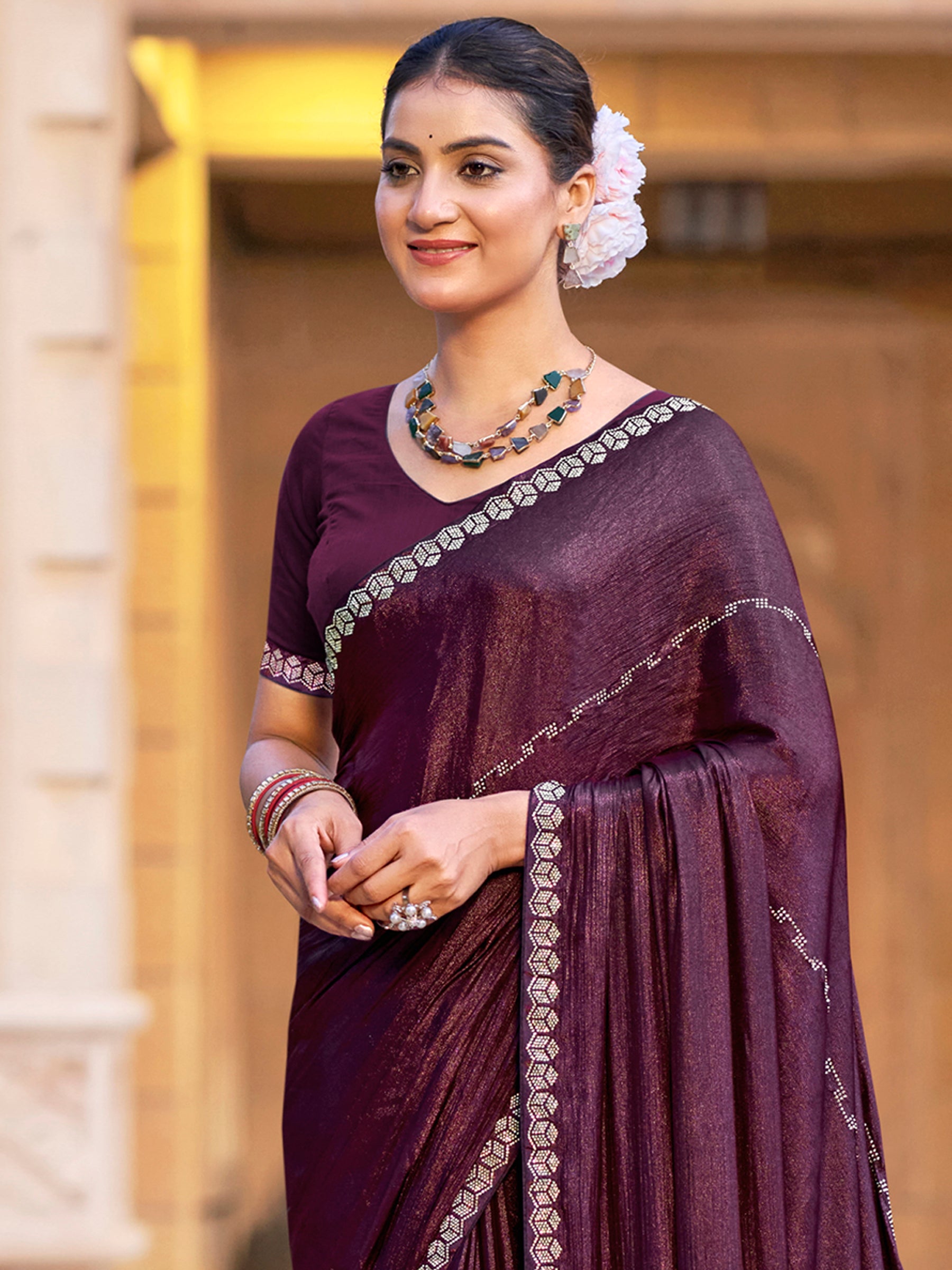 Jyoti Fashion Women's Wine Shimmer Chiffon Embellished Border with Crystal Lines Saree with Blouse - Distacart