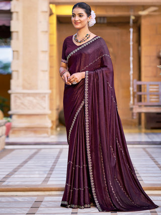 Jyoti Fashion Women's Wine Shimmer Chiffon Embellished Border with Crystal Lines Saree with Blouse - Distacart
