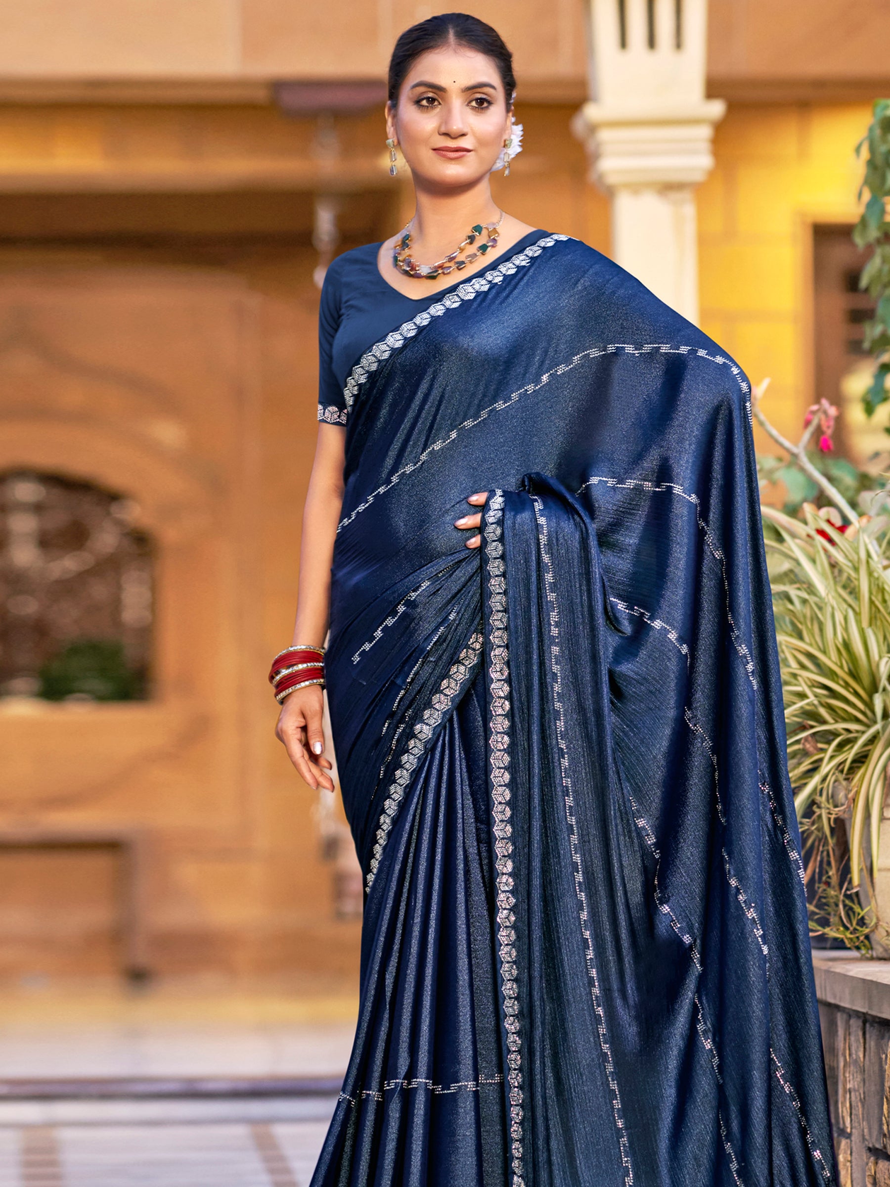 Jyoti Fashion Women's Navy Blue Shimmer Chiffon Embellished Border with Crystal Lines Saree with Blouse - Distacart