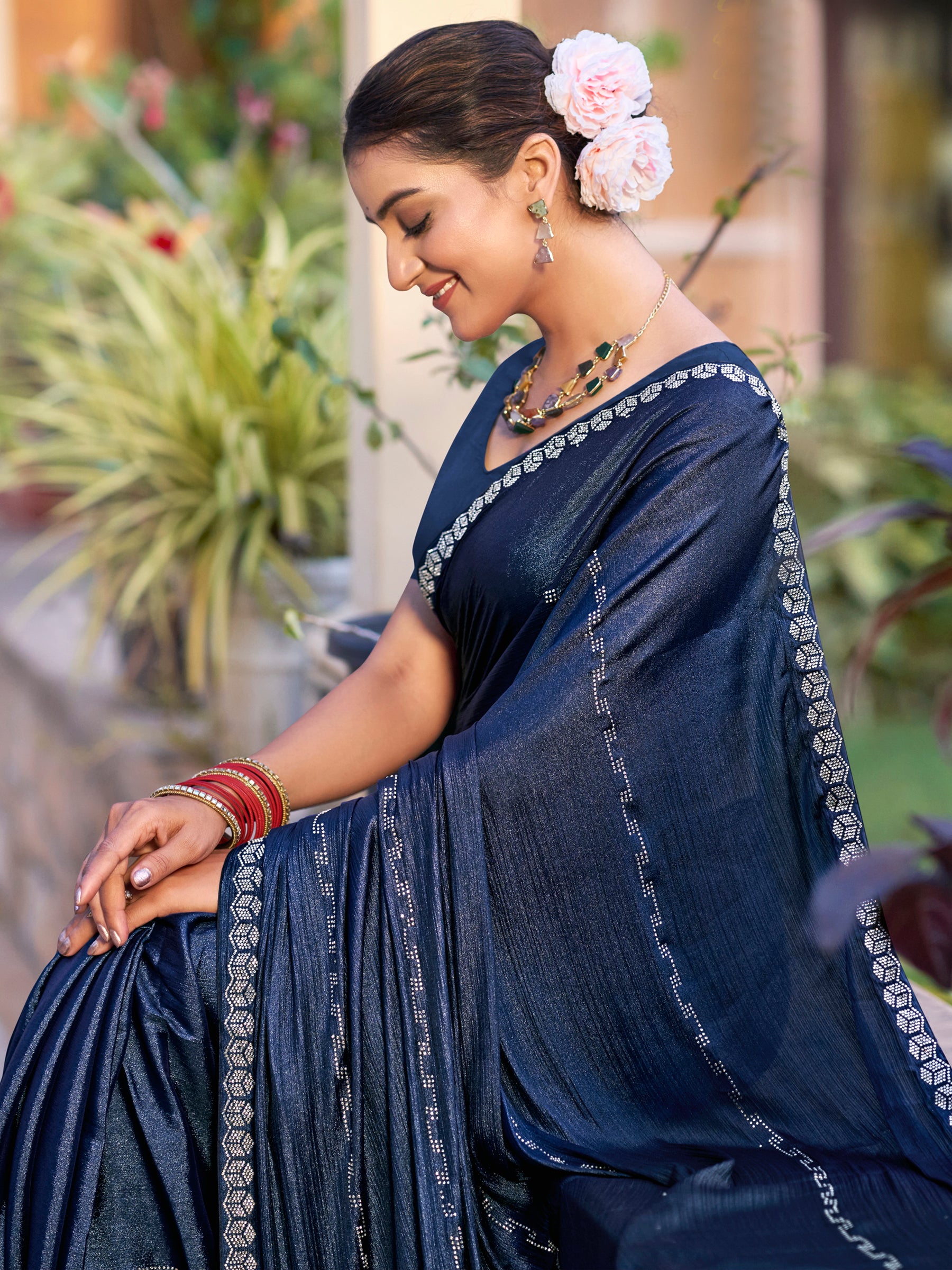 Jyoti Fashion Women's Navy Blue Shimmer Chiffon Embellished Border with Crystal Lines Saree with Blouse - Distacart