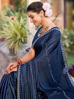 Thumbnail for Jyoti Fashion Women's Navy Blue Shimmer Chiffon Embellished Border with Crystal Lines Saree with Blouse - Distacart