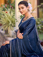Thumbnail for Jyoti Fashion Women's Navy Blue Shimmer Chiffon Embellished Border with Crystal Lines Saree with Blouse - Distacart