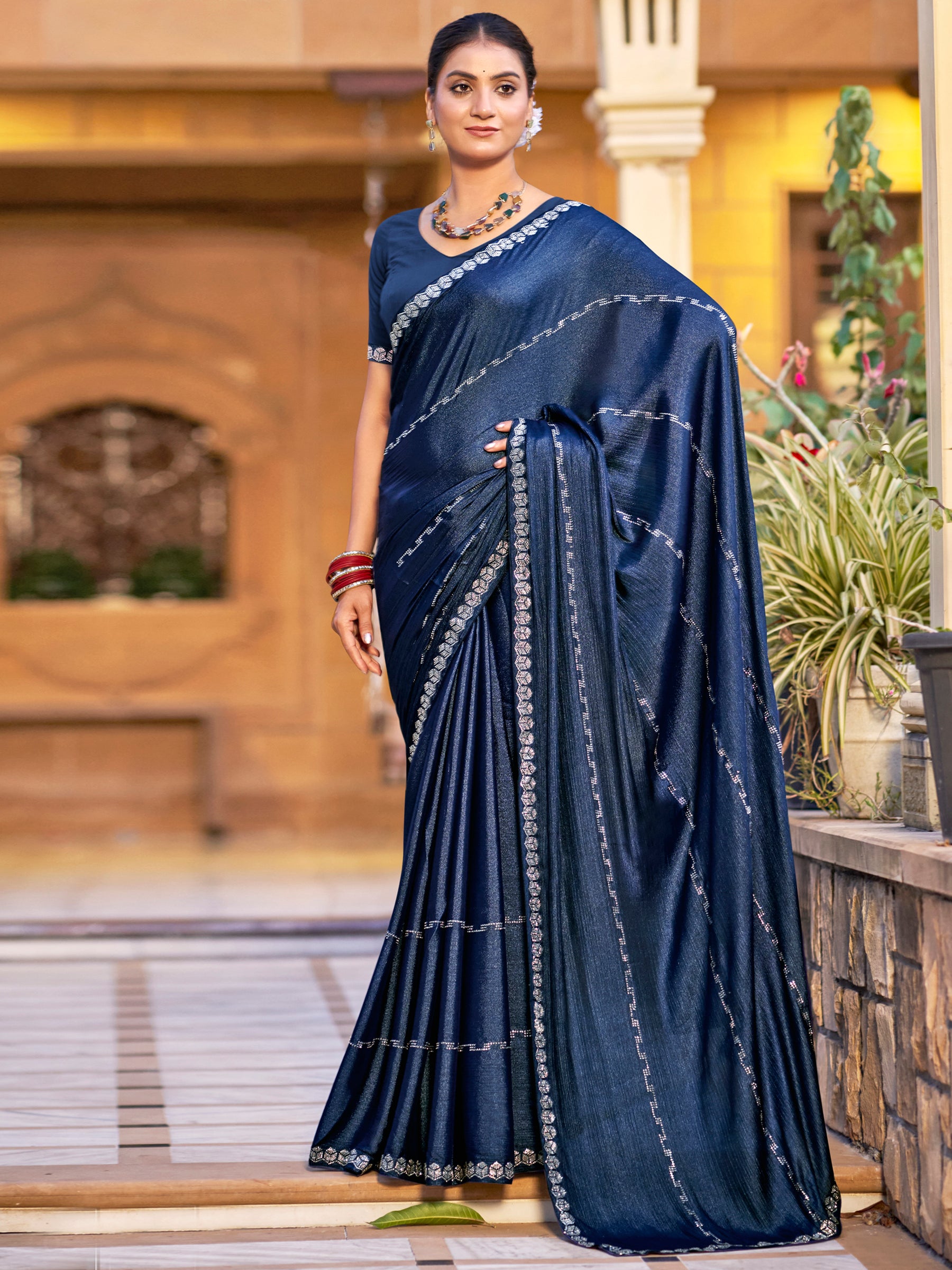 Jyoti Fashion Women's Navy Blue Shimmer Chiffon Embellished Border with Crystal Lines Saree with Blouse - Distacart
