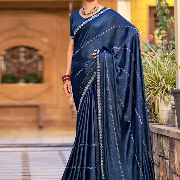 Jyoti Fashion Women's Navy Blue Shimmer Chiffon Embellished Border with Crystal Lines Saree with Blouse - Distacart