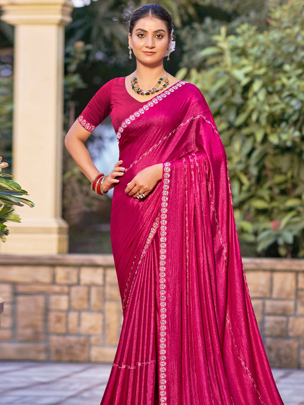 Jyoti Fashion Women's Magenta Shimmer Chiffon Embellished Border with Crystal Lines Saree with Blouse - Distacart