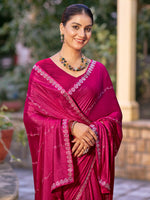 Thumbnail for Jyoti Fashion Women's Magenta Shimmer Chiffon Embellished Border with Crystal Lines Saree with Blouse - Distacart