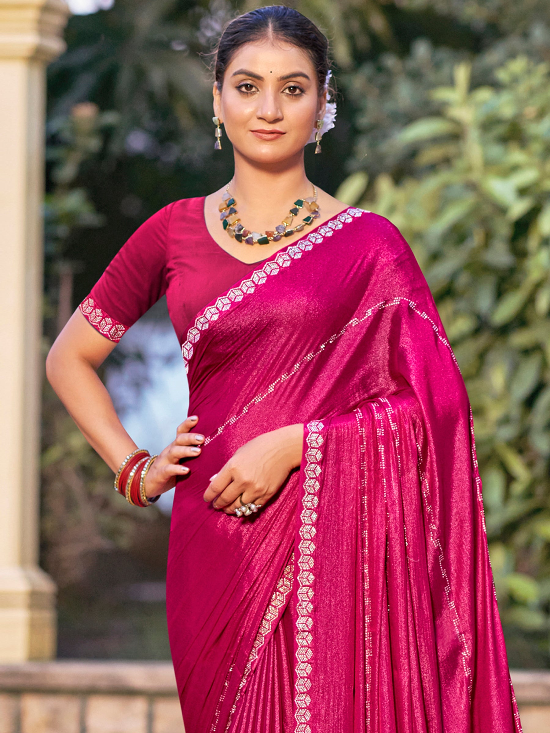 Jyoti Fashion Women's Magenta Shimmer Chiffon Embellished Border with Crystal Lines Saree with Blouse - Distacart