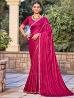 Thumbnail for Jyoti Fashion Women's Magenta Shimmer Chiffon Embellished Border with Crystal Lines Saree with Blouse - Distacart