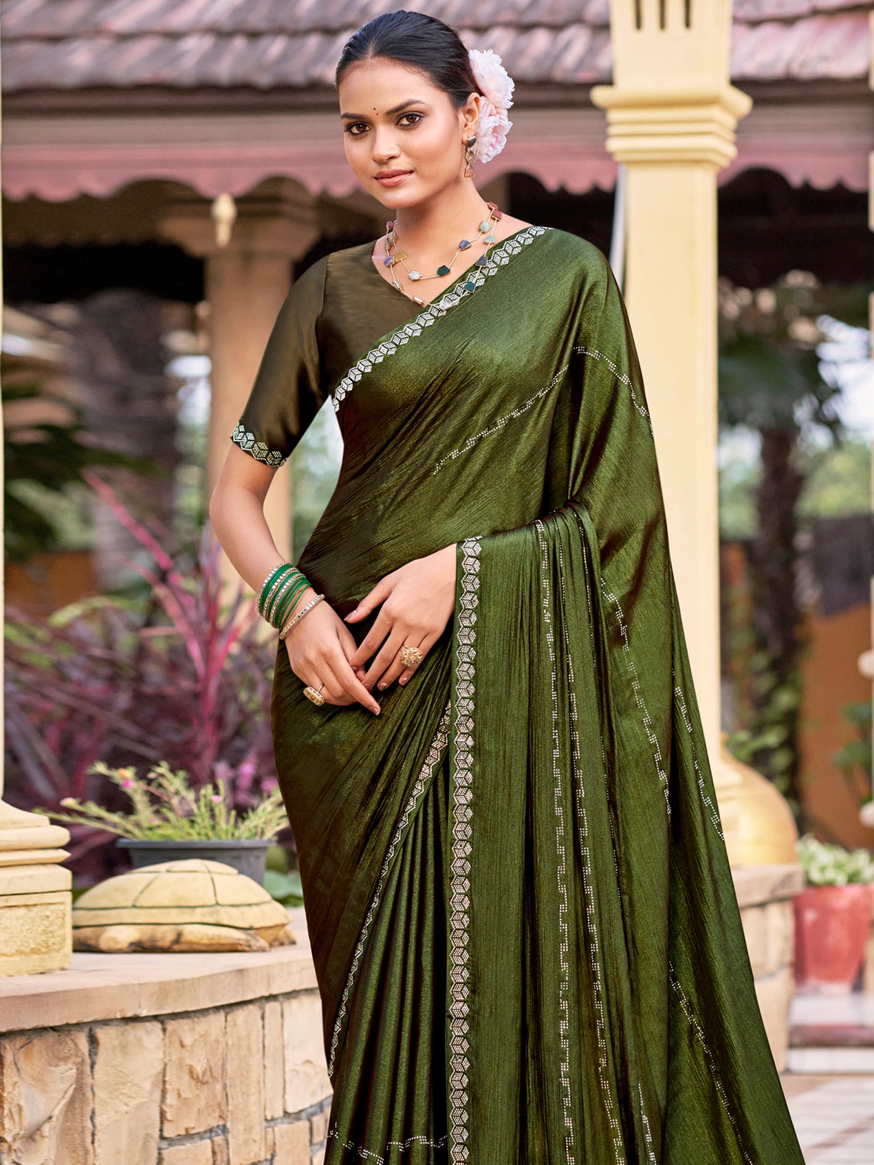 Jyoti Fashion Women's Olive Shimmer Chiffon Embellished Border with Crystal Lines Saree with Blouse - Distacart