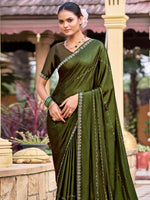 Thumbnail for Jyoti Fashion Women's Olive Shimmer Chiffon Embellished Border with Crystal Lines Saree with Blouse - Distacart