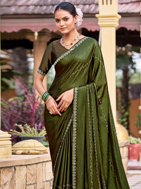 Jyoti Fashion Women's Olive Shimmer Chiffon Embellished Border with Crystal Lines Saree with Blouse - Distacart