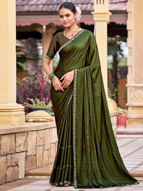 Jyoti Fashion Women's Olive Shimmer Chiffon Embellished Border with Crystal Lines Saree with Blouse - Distacart