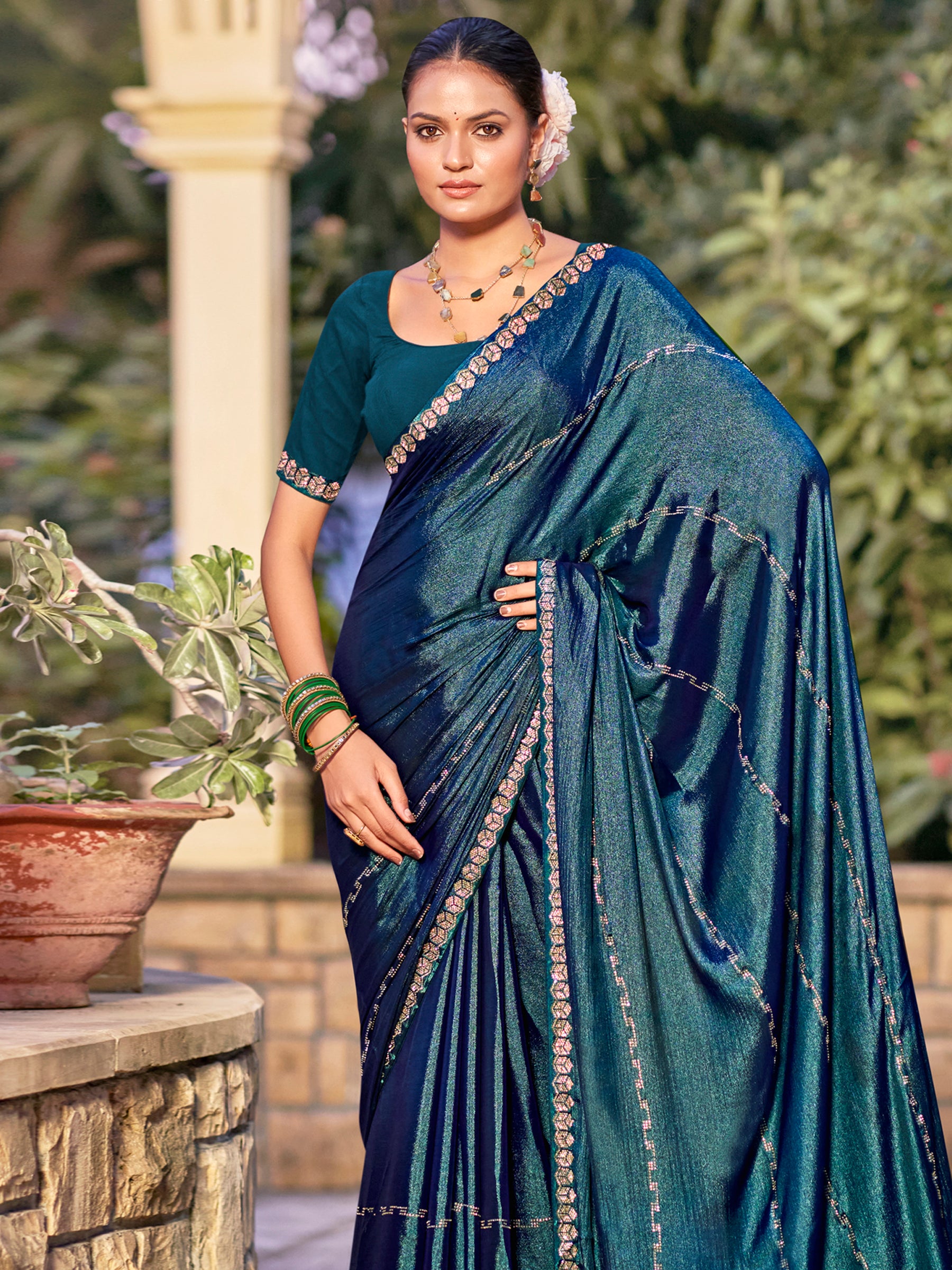 Jyoti Fashion Women's Teal Shimmer Chiffon Embellished Border with Crystal Lines Saree with Blouse - Distacart