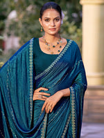 Thumbnail for Jyoti Fashion Women's Teal Shimmer Chiffon Embellished Border with Crystal Lines Saree with Blouse - Distacart