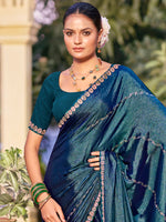 Thumbnail for Jyoti Fashion Women's Teal Shimmer Chiffon Embellished Border with Crystal Lines Saree with Blouse - Distacart
