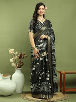 Thumbnail for Jyoti Fashion Women's Black Silk Blend Floral Print with Checks Jari Weaving Saree with Blouse - Distacart