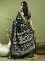 Thumbnail for Jyoti Fashion Women's Black Silk Blend Floral Print with Checks Jari Weaving Saree with Blouse - Distacart