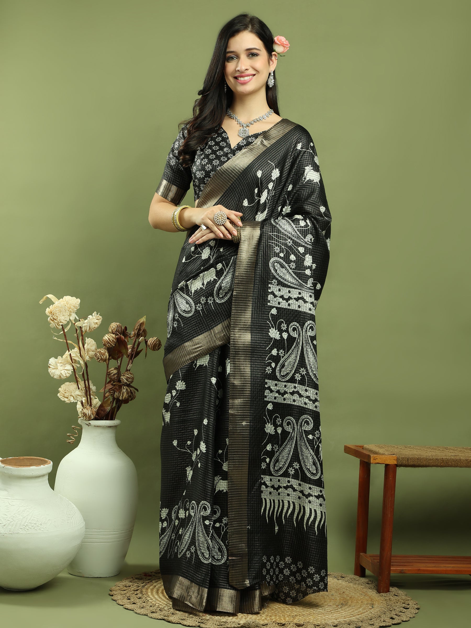 Jyoti Fashion Women's Black Silk Blend Floral Print with Checks Jari Weaving Saree with Blouse - Distacart
