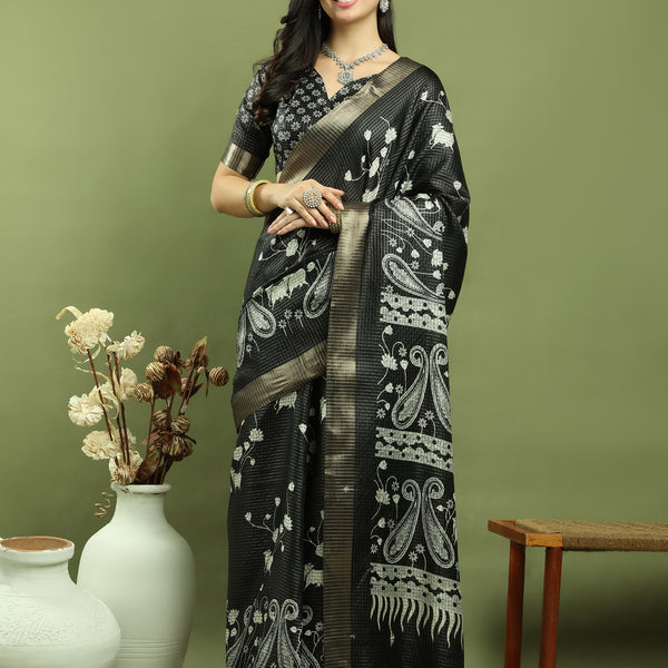 Jyoti Fashion Women's Black Silk Blend Floral Print with Checks Jari Weaving Saree with Blouse - Distacart
