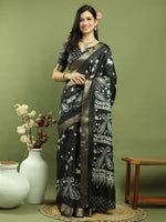 Thumbnail for Jyoti Fashion Women's Black Silk Blend Floral Print with Checks Jari Weaving Saree with Blouse - Distacart