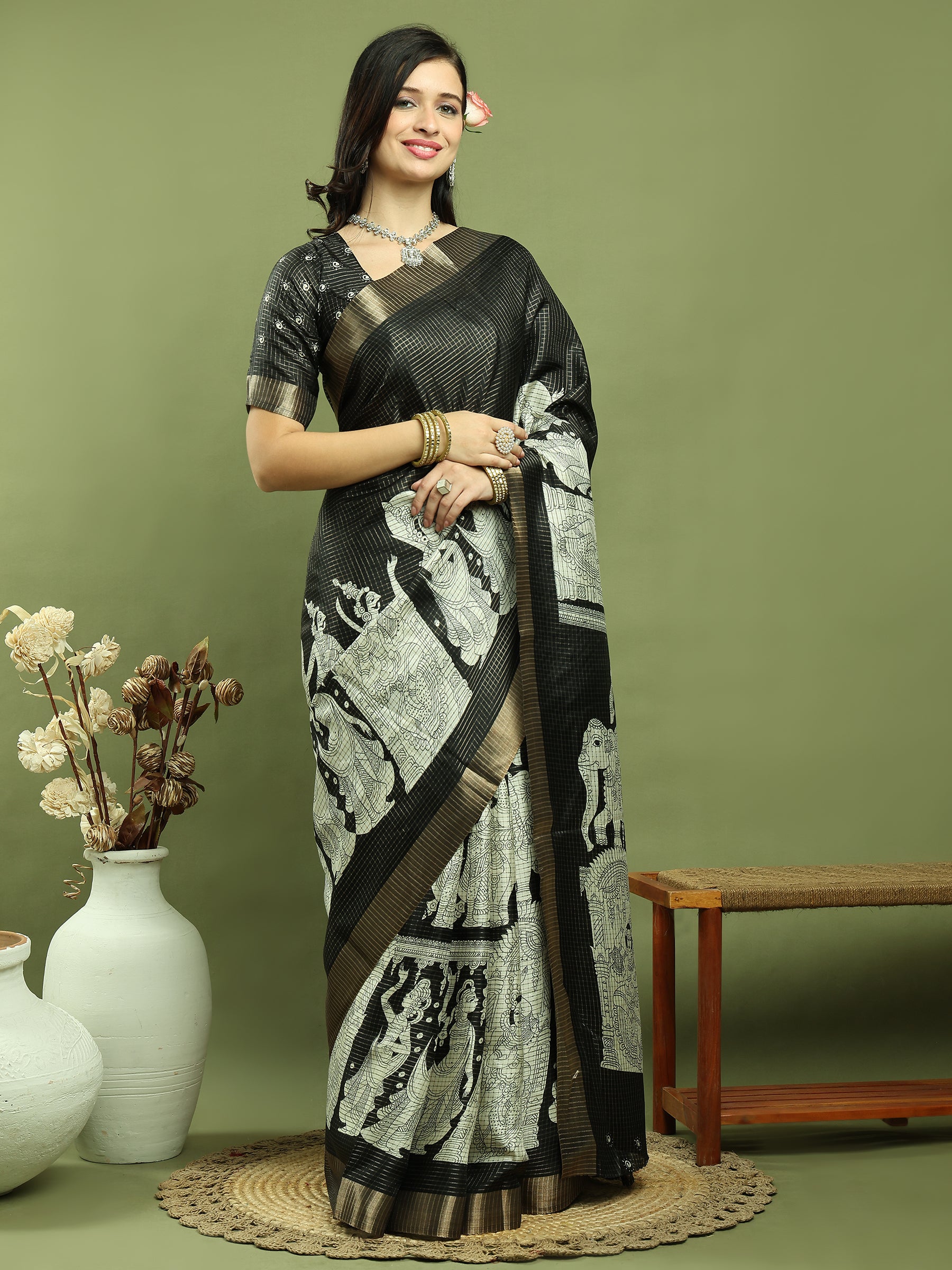 Jyoti Fashion Women's Black Silk Blend Print with Checks Jari Weaving Pattrn Saree with Blouse - Distacart