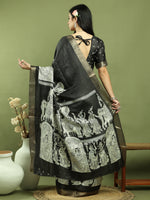 Thumbnail for Jyoti Fashion Women's Black Silk Blend Print with Checks Jari Weaving Pattrn Saree with Blouse - Distacart