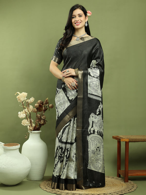 Jyoti Fashion Women's Black Silk Blend Print with Checks Jari Weaving Pattrn Saree with Blouse - Distacart