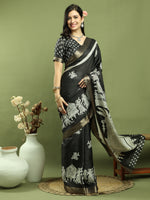 Thumbnail for Jyoti Fashion Women's Black Silk Blend Print with Checks Jari Weaving Pattrn Saree with Blouse - Distacart