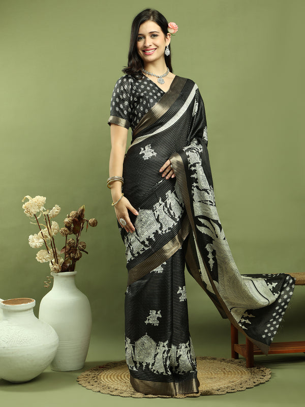 Jyoti Fashion Women's Black Silk Blend Print with Checks Jari Weaving Pattrn Saree with Blouse - Distacart