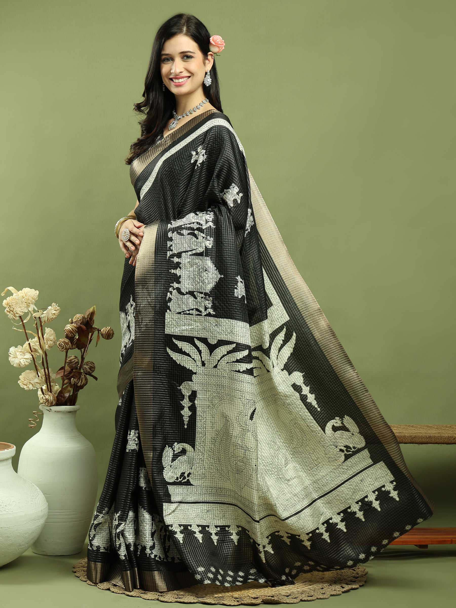 Jyoti Fashion Women's Black Silk Blend Print with Checks Jari Weaving Pattrn Saree with Blouse - Distacart
