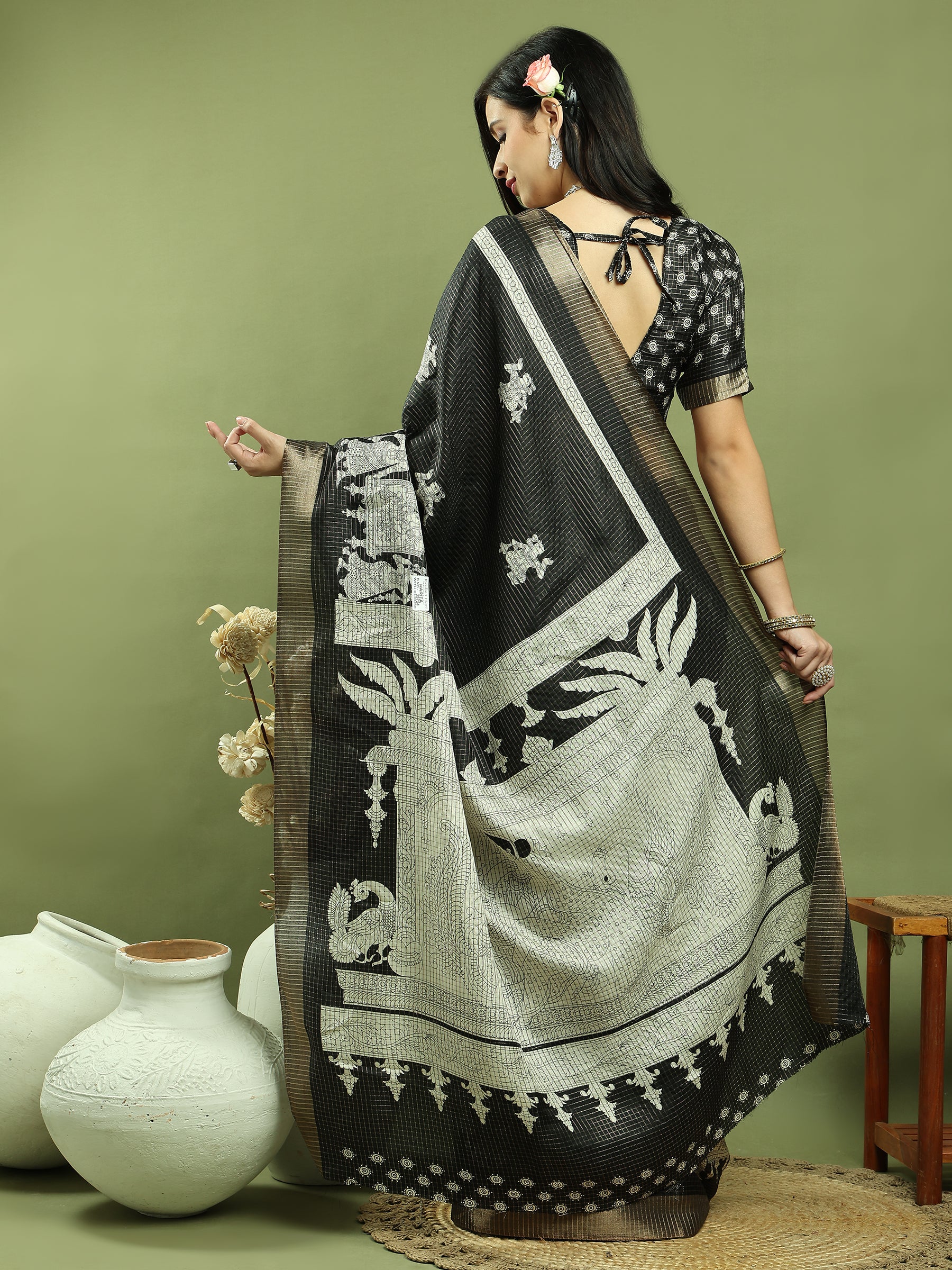 Jyoti Fashion Women's Black Silk Blend Print with Checks Jari Weaving Pattrn Saree with Blouse - Distacart