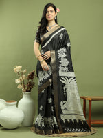Thumbnail for Jyoti Fashion Women's Black Silk Blend Print with Checks Jari Weaving Pattrn Saree with Blouse - Distacart