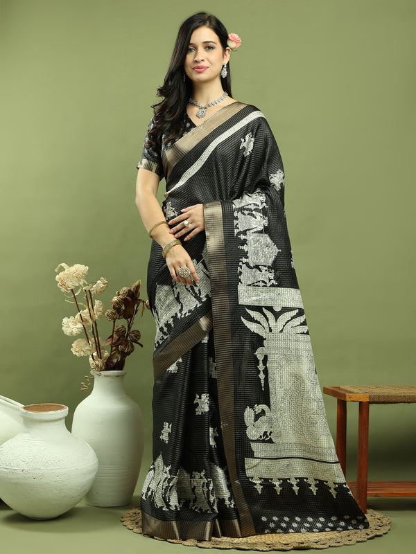 Jyoti Fashion Women's Black Silk Blend Print with Checks Jari Weaving Pattrn Saree with Blouse - Distacart