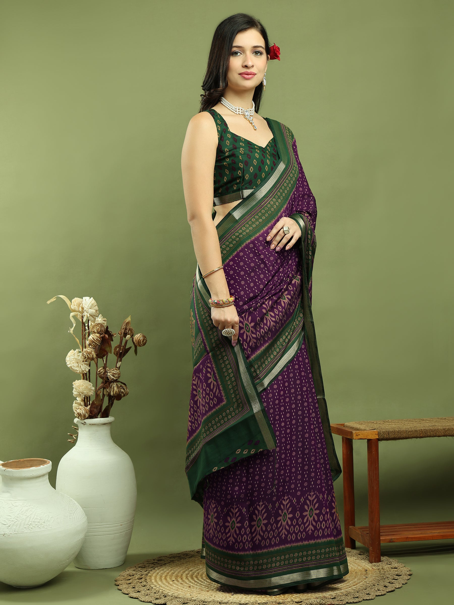 Jyoti Fashion Women's Purple Silk Blend Ikat Floral Print with Jari Border Saree with Blouse - Distacart