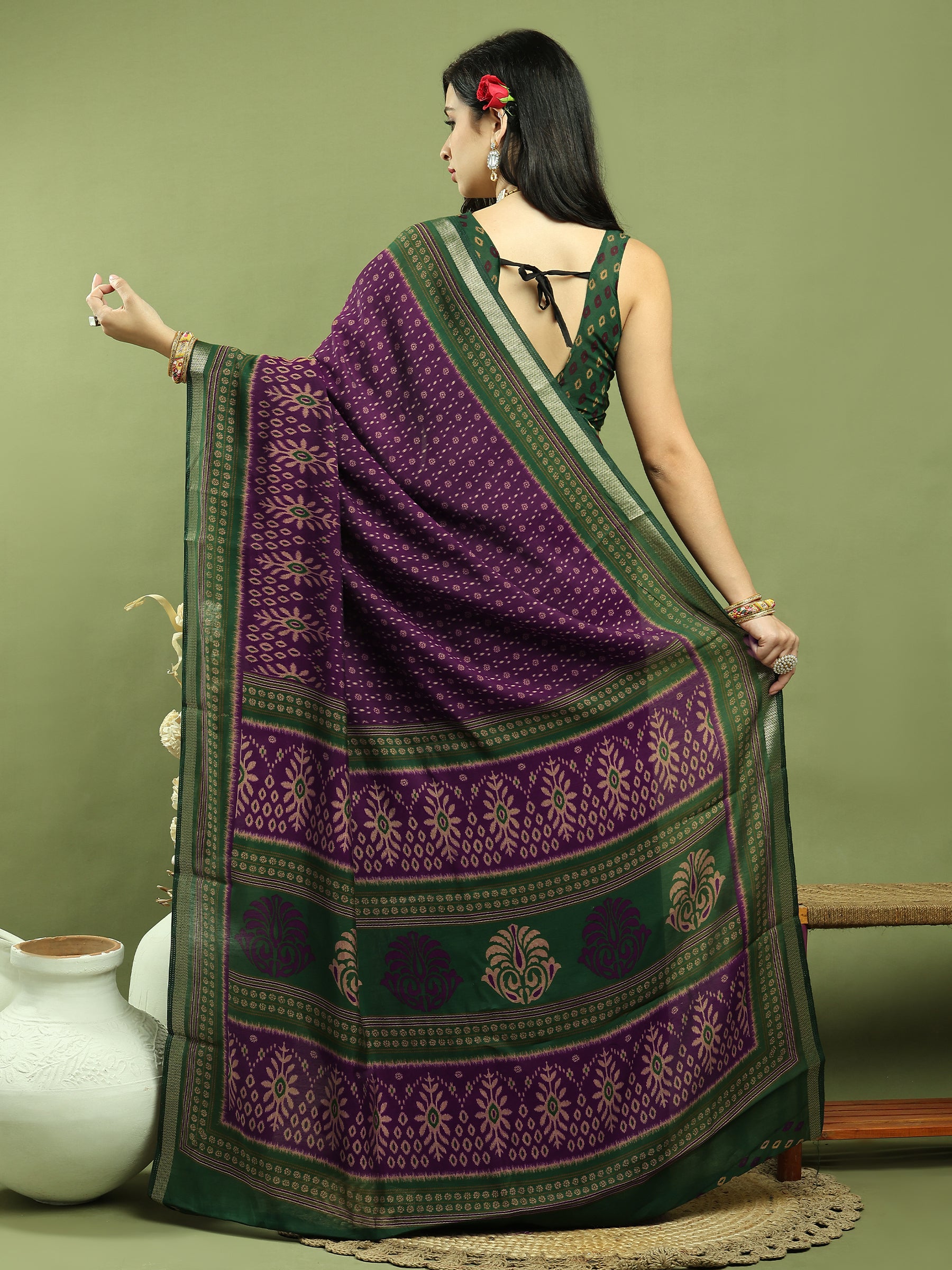 Jyoti Fashion Women's Purple Silk Blend Ikat Floral Print with Jari Border Saree with Blouse - Distacart
