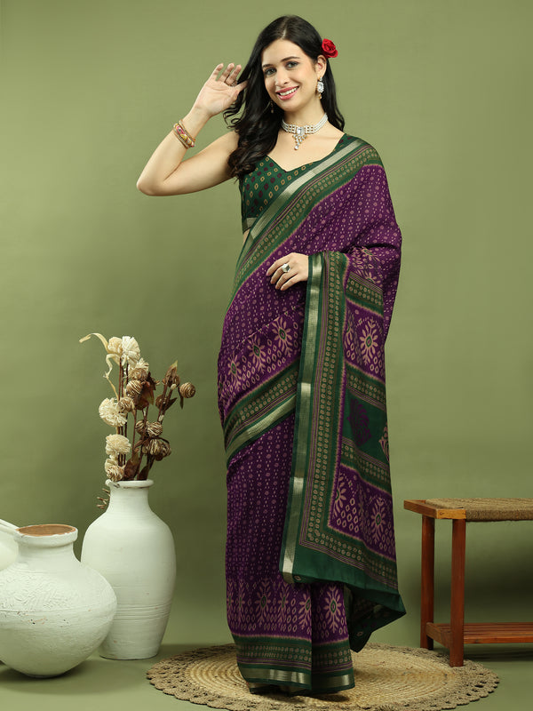 Jyoti Fashion Women's Purple Silk Blend Ikat Floral Print with Jari Border Saree with Blouse - Distacart