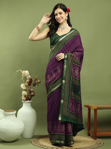Jyoti Fashion Women's Purple Silk Blend Ikat Floral Print with Jari Border Saree with Blouse - Distacart