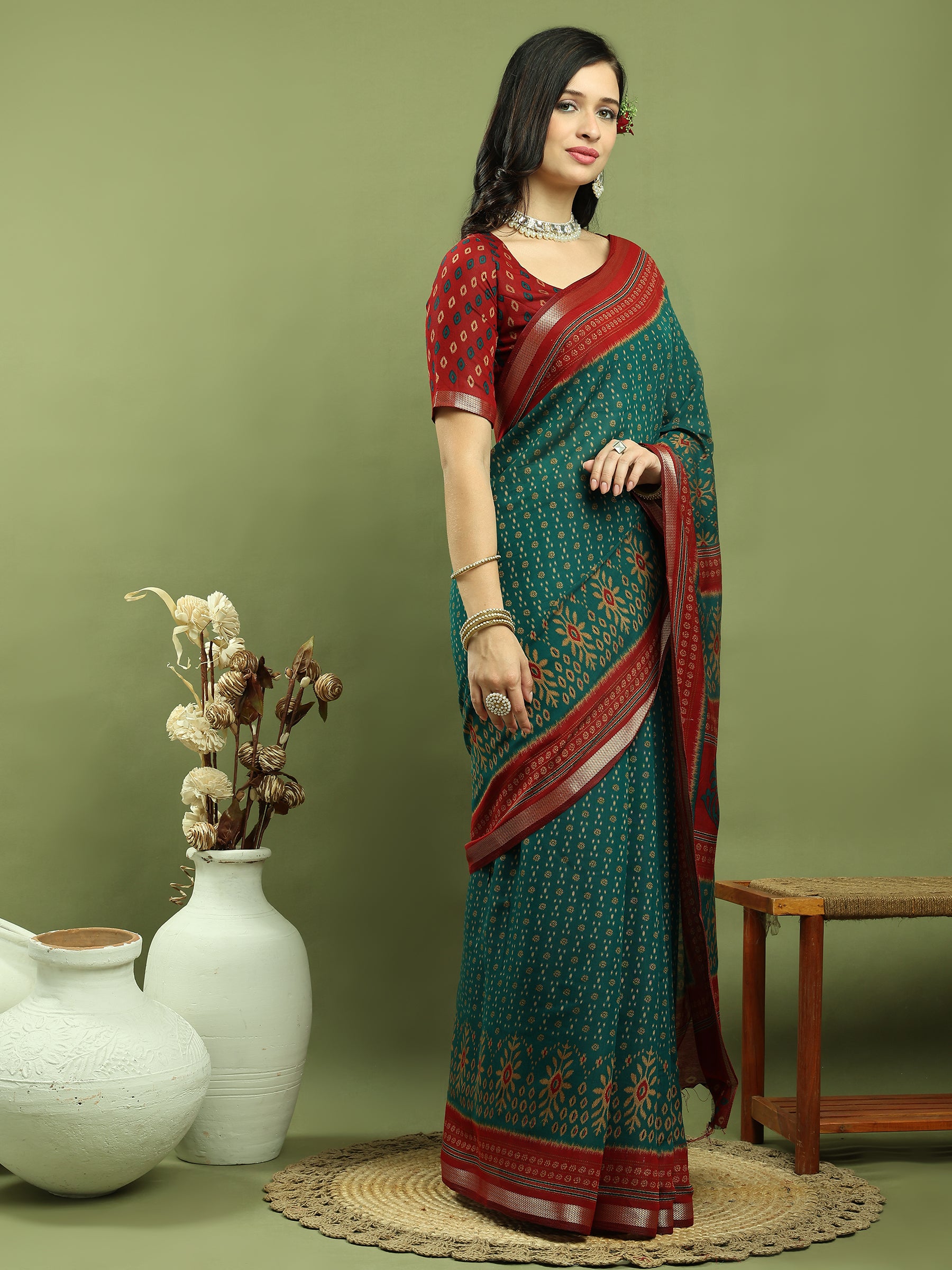 Jyoti Fashion Women's Teal Silk Blend Ikat Floral Print with Jari Border Saree with Blouse - Distacart