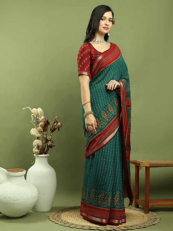 Jyoti Fashion Women's Teal Silk Blend Ikat Floral Print with Jari Border Saree with Blouse - Distacart