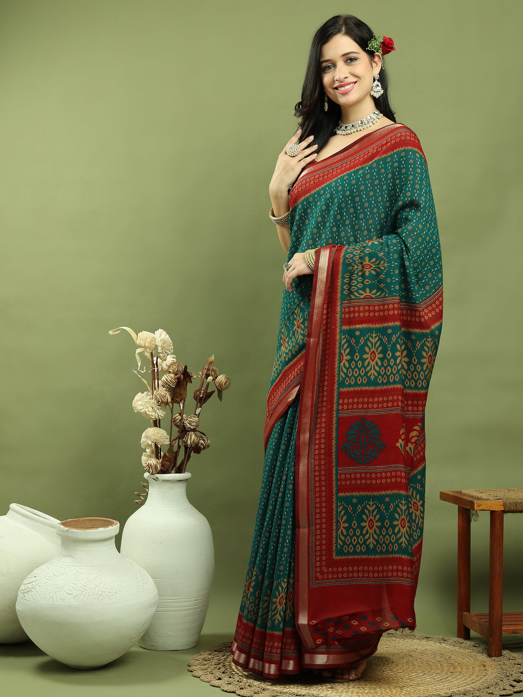 Jyoti Fashion Women's Teal Silk Blend Ikat Floral Print with Jari Border Saree with Blouse - Distacart