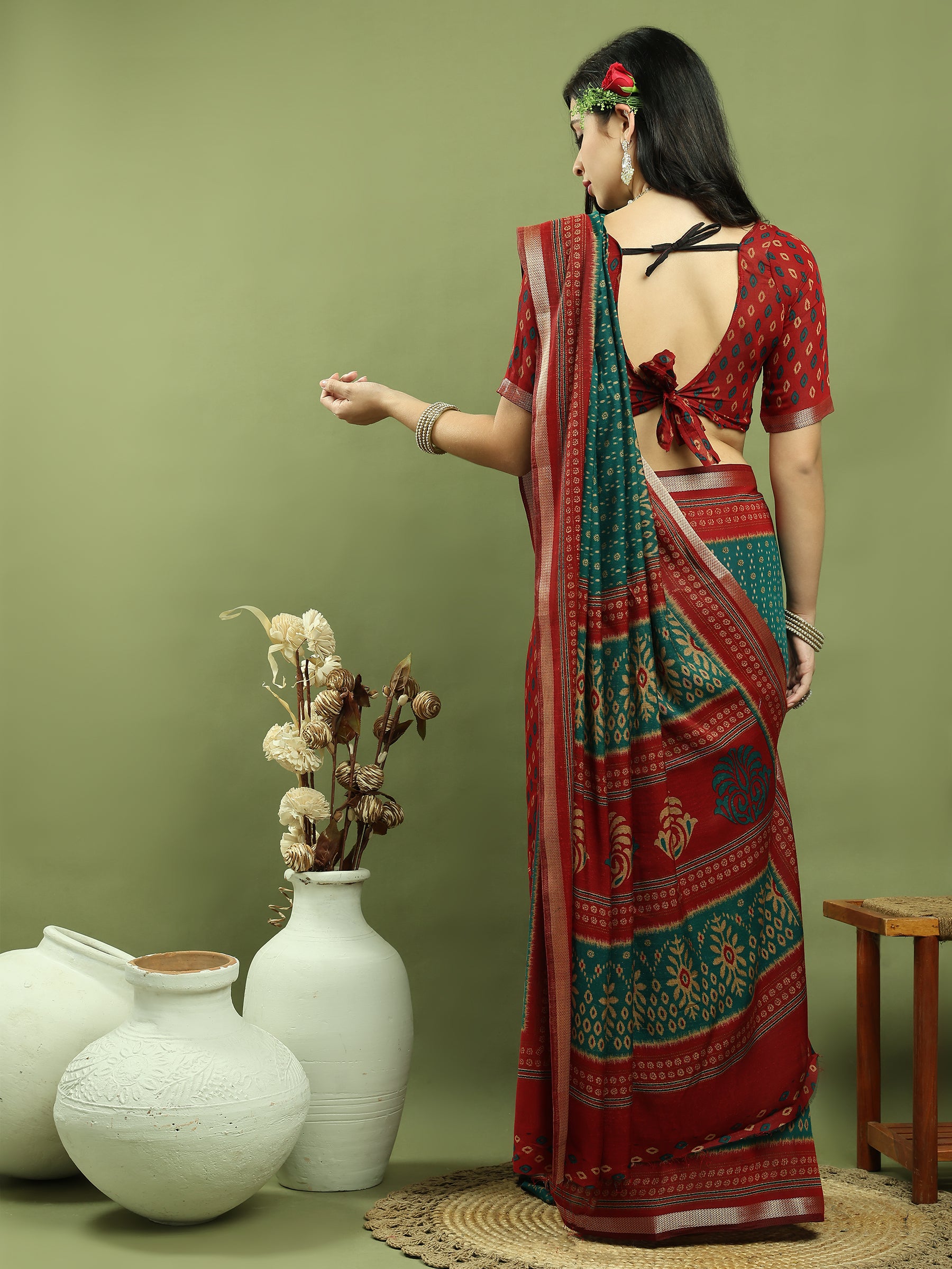 Jyoti Fashion Women's Teal Silk Blend Ikat Floral Print with Jari Border Saree with Blouse - Distacart