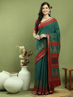 Thumbnail for Jyoti Fashion Women's Teal Silk Blend Ikat Floral Print with Jari Border Saree with Blouse - Distacart