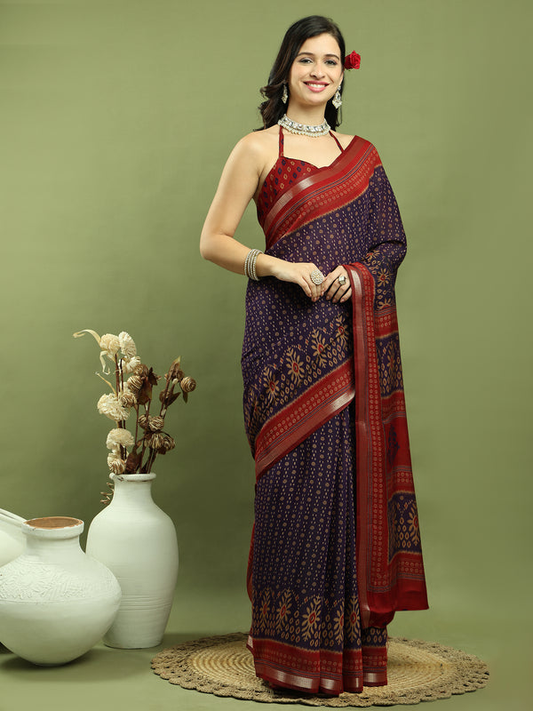 Jyoti Fashion Women's Violet Silk Blend Ikat Floral Print with Jari Border Saree with Blouse - Distacart