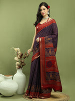 Thumbnail for Jyoti Fashion Women's Violet Silk Blend Ikat Floral Print with Jari Border Saree with Blouse - Distacart