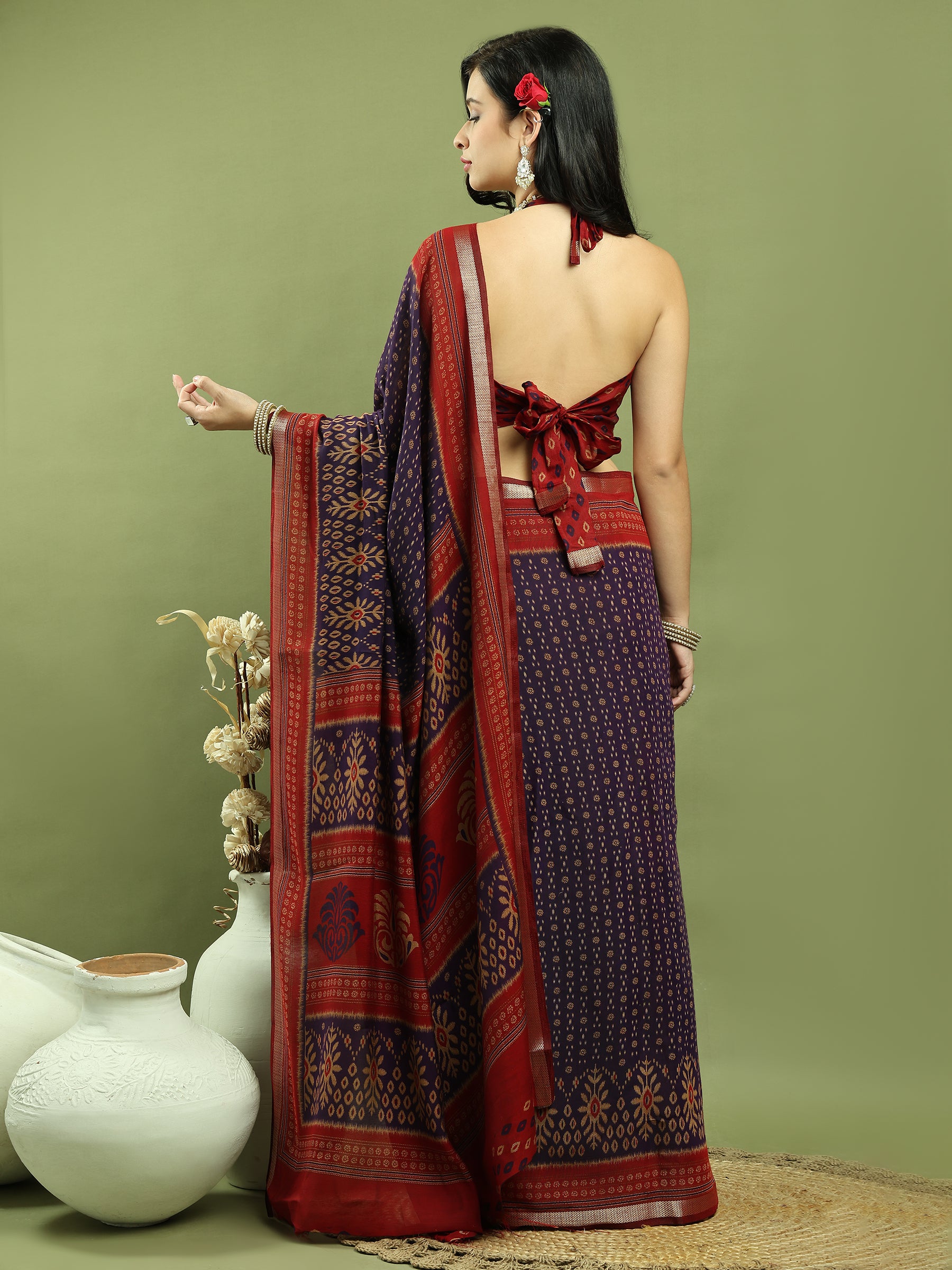 Jyoti Fashion Women's Violet Silk Blend Ikat Floral Print with Jari Border Saree with Blouse - Distacart